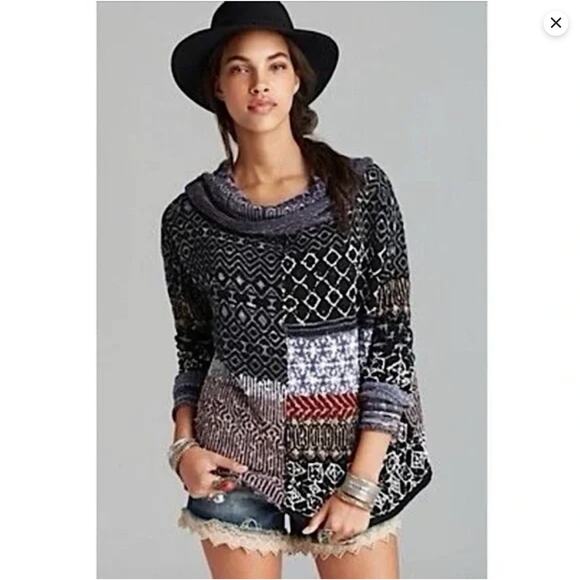 Free People Patchwork Cowl Neck Sweater M | Oversized Fair Isle Boho Knit Grunge - Picture 13 of 15